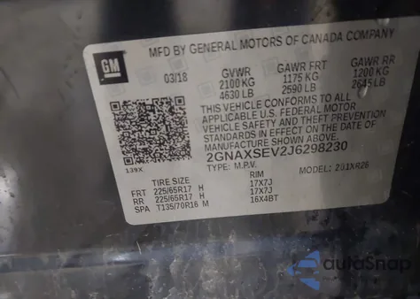 2018 Chevrolet Equinox Lt z USA, uszkodzony, nr VIN 2GNAXSEV2J6298230